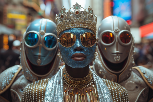 A vibrant group of people with blue painted faces and silver costumes are gathered together in this image. One person is wearing a striking necklace with a variety of beads and chains, adding a touch of elegance to their ensemble. Another individual is sporting stylish glasses with a blue glittered frame, while a third person is donning goggles with blue lenses and a gold frame. The overall scene is visually captivating, with a mix of colors and accessories creating a unique and festive atmosphere. The group exudes a sense of fun and creativity, making them stand out in a crowd.