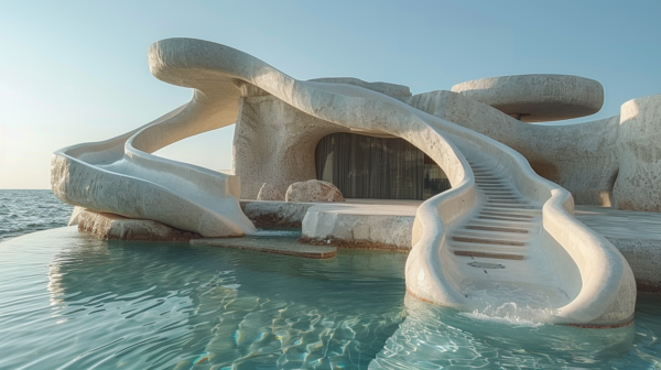 A water slide is seen in a pool, with another water slide positioned in the middle of the pool. The surroundings feature shades of light blue and green, creating a serene and inviting atmosphere. The pool is outdoors, possibly in a tropical setting, with lush greenery in the background. The pool area is well-maintained and clean, with no people in sight. The design of the water slides is modern and sleek, adding a touch of excitement to the overall scene. The image conveys a sense of relaxation and fun, perfect for a summer day.
