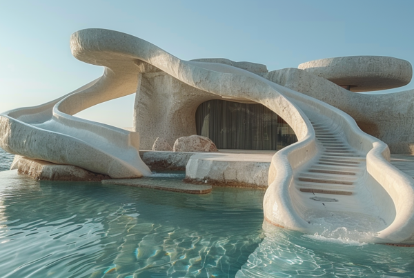 A water slide is seen in a pool, with another water slide positioned in the middle of the pool. The surroundings feature shades of light blue and green, creating a serene and inviting atmosphere. The pool is outdoors, possibly in a tropical setting, with lush greenery in the background. The pool area is well-maintained and clean, with no people in sight. The design of the water slides is modern and sleek, adding a touch of excitement to the overall scene. The image conveys a sense of relaxation and fun, perfect for a summer day.
