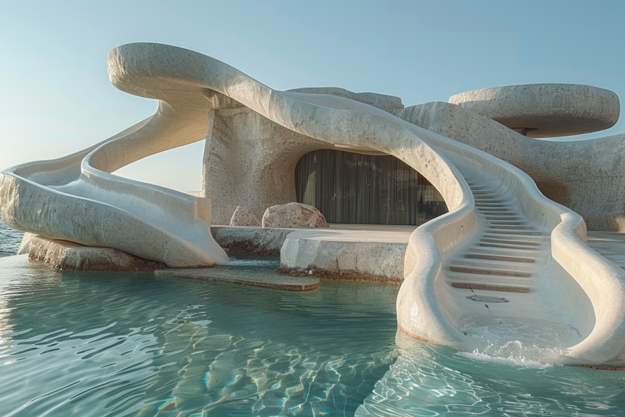 A water slide is seen in a pool, with another water slide positioned in the middle of the pool. The surroundings feature shades of light blue and green, creating a serene and inviting atmosphere. The pool is outdoors, possibly in a tropical setting, with lush greenery in the background. The pool area is well-maintained and clean, with no people in sight. The design of the water slides is modern and sleek, adding a touch of excitement to the overall scene. The image conveys a sense of relaxation and fun, perfect for a summer day.
