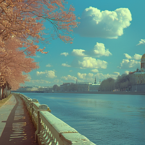A peaceful walkway stretches along a serene river, with a charming building visible in the background. The scene is adorned with a bench positioned on the side, offering a perfect spot to sit and enjoy the view. The sky above is adorned with fluffy clouds, adding to the picturesque setting. The river flows gently, reflecting the blue hues of the sky and surrounding trees. In the distance, two cars can be seen driving along the road nearby. This tranquil riverside view captures the essence of a peaceful urban oasis.