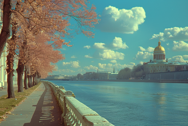 A peaceful walkway stretches along a serene river, with a charming building visible in the background. The scene is adorned with a bench positioned on the side, offering a perfect spot to sit and enjoy the view. The sky above is adorned with fluffy clouds, adding to the picturesque setting. The river flows gently, reflecting the blue hues of the sky and surrounding trees. In the distance, two cars can be seen driving along the road nearby. This tranquil riverside view captures the essence of a peaceful urban oasis.
