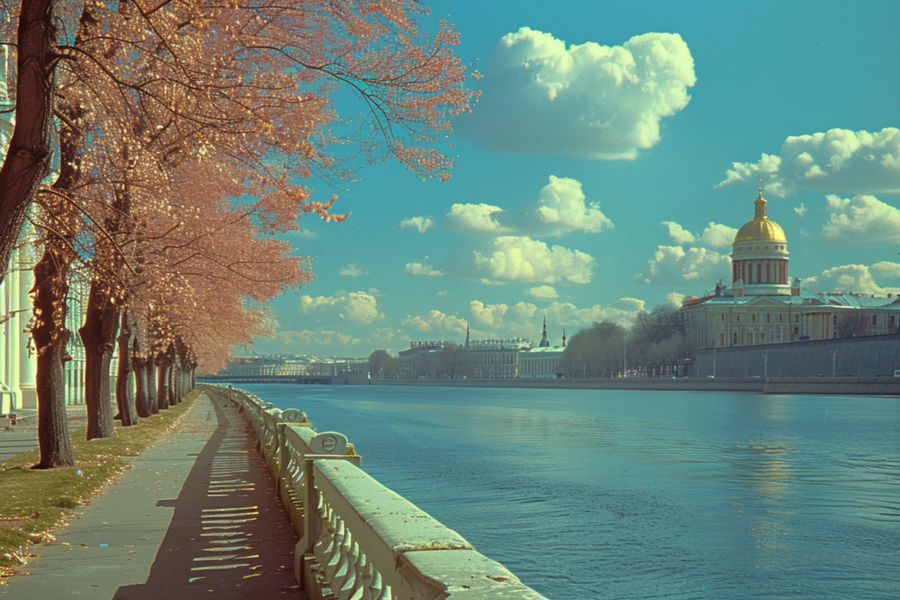 A peaceful walkway stretches along a serene river, with a charming building visible in the background. The scene is adorned with a bench positioned on the side, offering a perfect spot to sit and enjoy the view. The sky above is adorned with fluffy clouds, adding to the picturesque setting. The river flows gently, reflecting the blue hues of the sky and surrounding trees. In the distance, two cars can be seen driving along the road nearby. This tranquil riverside view captures the essence of a peaceful urban oasis.