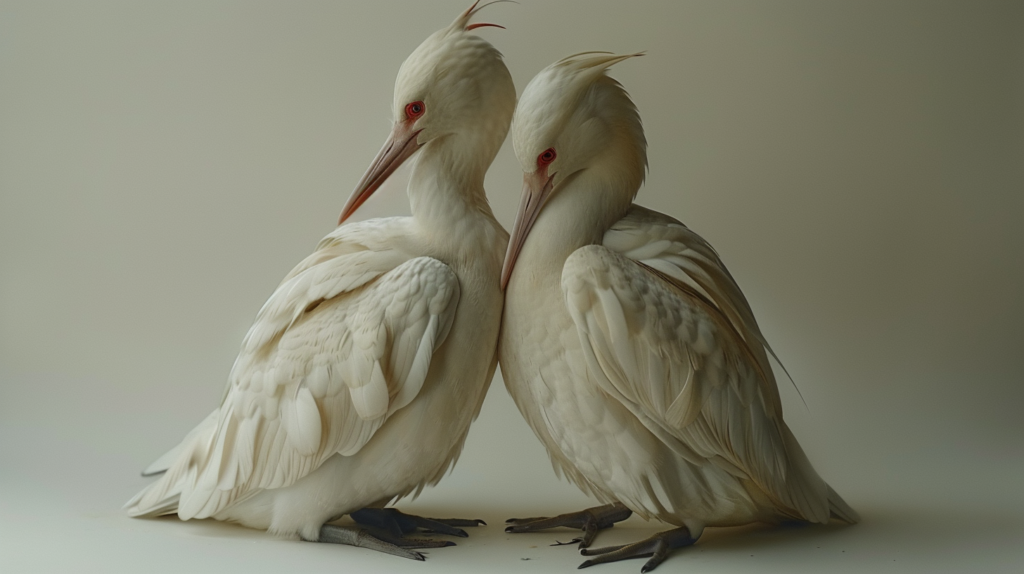 In this image, we see two white birds with red beaks standing next to each other. The birds are standing on a white surface, and they appear to be sculptures rather than real birds. One of the birds is slightly larger than the other. The birds have a sleek and elegant appearance, with long beaks and slender bodies. The beaks of the birds are a vibrant red color, adding a pop of contrast to their otherwise white bodies. The birds have a calm and peaceful demeanor as they stand gracefully next to each other.