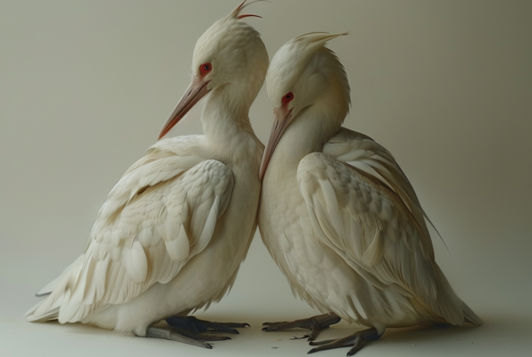 In this image, we see two white birds with red beaks standing next to each other. The birds are standing on a white surface, and they appear to be sculptures rather than real birds. One of the birds is slightly larger than the other. The birds have a sleek and elegant appearance, with long beaks and slender bodies. The beaks of the birds are a vibrant red color, adding a pop of contrast to their otherwise white bodies. The birds have a calm and peaceful demeanor as they stand gracefully next to each other.