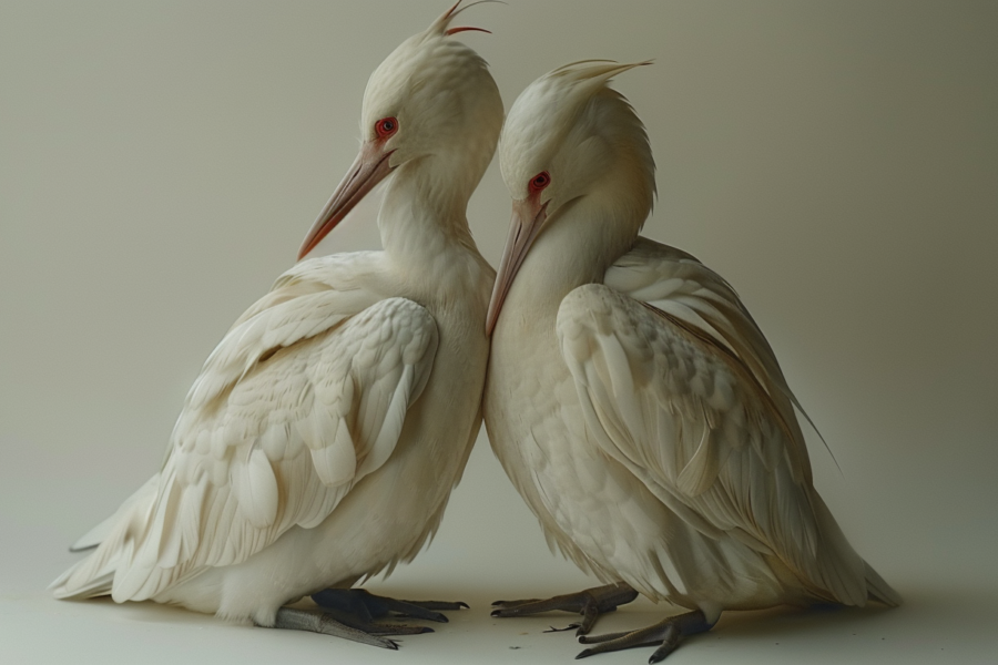 In this image, we see two white birds with red beaks standing next to each other. The birds are standing on a white surface, and they appear to be sculptures rather than real birds. One of the birds is slightly larger than the other. The birds have a sleek and elegant appearance, with long beaks and slender bodies. The beaks of the birds are a vibrant red color, adding a pop of contrast to their otherwise white bodies. The birds have a calm and peaceful demeanor as they stand gracefully next to each other.