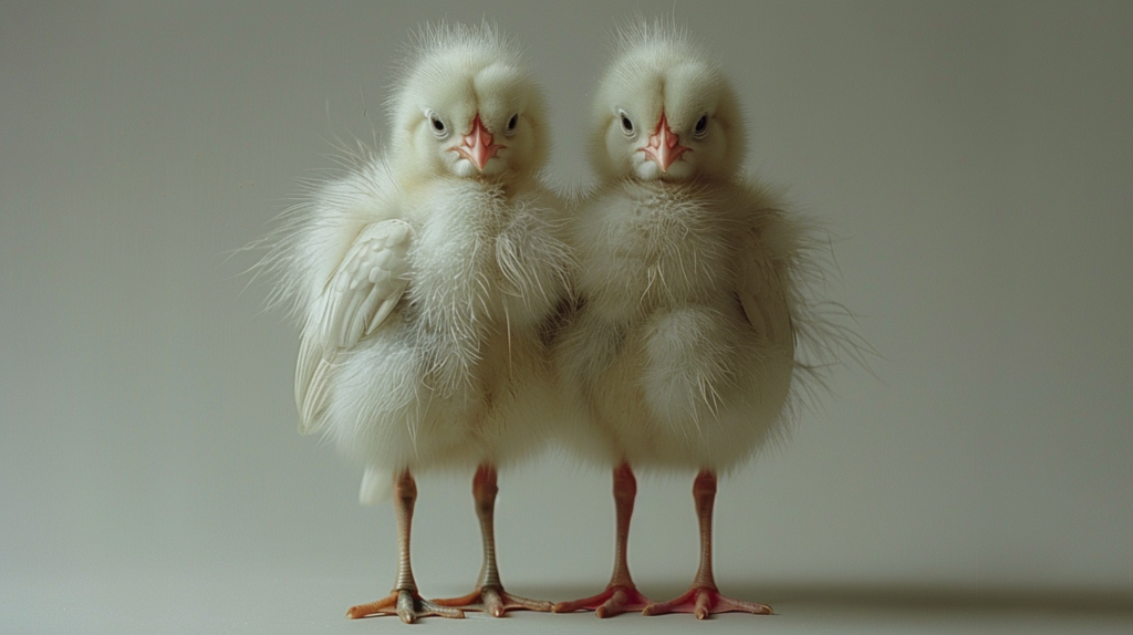 In this image, we see two adorable baby chickens standing next to each other on a white surface. The chickens are fluffy and have white feathers. The background is simple, allowing the focus to be on the cute little birds. Additionally, there is a cat in the background, but it is not the main subject of the image. The colors in the image are primarily shades of green, brown, and white. The chickens appear to be young and healthy, showcasing their vibrant feathers and curious expressions. Overall, this image captures a heartwarming moment of two baby chickens exploring their surroundings.