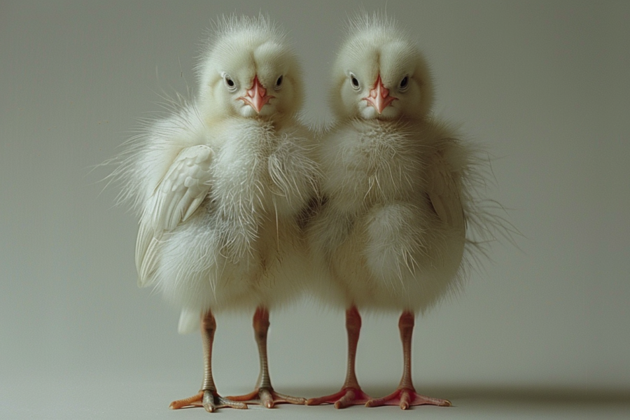 In this image, we see two adorable baby chickens standing next to each other on a white surface. The chickens are fluffy and have white feathers. The background is simple, allowing the focus to be on the cute little birds. Additionally, there is a cat in the background, but it is not the main subject of the image. The colors in the image are primarily shades of green, brown, and white. The chickens appear to be young and healthy, showcasing their vibrant feathers and curious expressions. Overall, this image captures a heartwarming moment of two baby chickens exploring their surroundings.