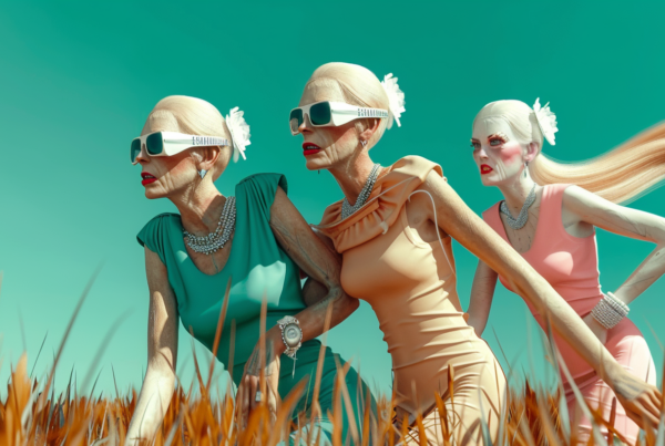 Three young women, dressed in colorful flowing dresses, are strolling through a vast field under the bright sun. They are wearing fashionable sunglasses and accessorized with necklaces and bracelets. One of the women is also wearing a delicate white flower in her hair. In the background, there is a wooden stick protruding from the ground. The women appear carefree and happy as they enjoy the natural beauty surrounding them. The scene exudes a sense of freedom, friendship, and joy in the simple pleasures of life.