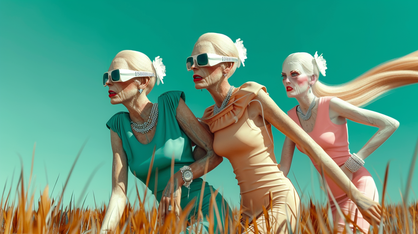 Three young women, dressed in colorful flowing dresses, are strolling through a vast field under the bright sun. They are wearing fashionable sunglasses and accessorized with necklaces and bracelets. One of the women is also wearing a delicate white flower in her hair. In the background, there is a wooden stick protruding from the ground. The women appear carefree and happy as they enjoy the natural beauty surrounding them. The scene exudes a sense of freedom, friendship, and joy in the simple pleasures of life.