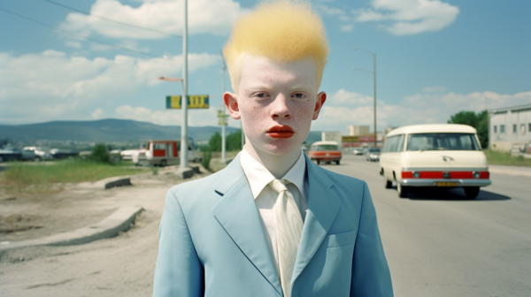 A young man with yellow hair and a blue suit is standing on a street. He is wearing a white tie and a blue shirt underneath his suit jacket. The man has freckles on his face and appears to be around 21 years old. In the background, there are street lights and several vehicles, including cars, vans, and trucks. The man is looking directly at the camera, with a confident expression on his face. The overall color scheme of the image consists of shades of blue, green, and gray.
