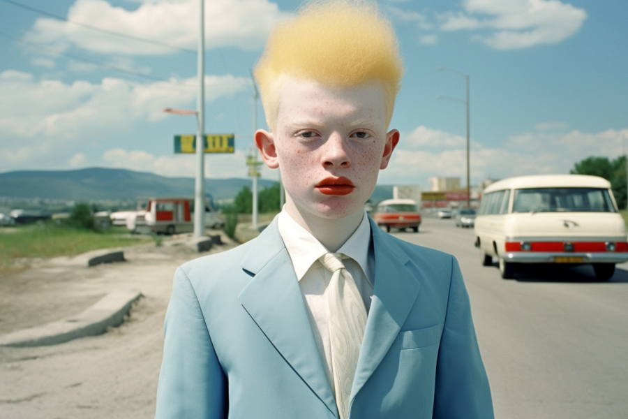 A young man with yellow hair and a blue suit is standing on a street. He is wearing a white tie and a blue shirt underneath his suit jacket. The man has freckles on his face and appears to be around 21 years old. In the background, there are street lights and several vehicles, including cars, vans, and trucks. The man is looking directly at the camera, with a confident expression on his face. The overall color scheme of the image consists of shades of blue, green, and gray.