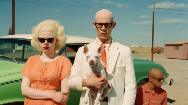 In this image, we see a man and a woman standing next to a green car. The man is wearing a white suit and holding a small dog, while the woman is wearing an orange dress. The man has a bald head and is wearing sunglasses. Additionally, there is a dog sitting next to the woman. The man and woman are both looking towards the camera. The background consists of a green car and some trees. The man and woman appear to be posing for a photo, creating a stylish and fashionable scene.