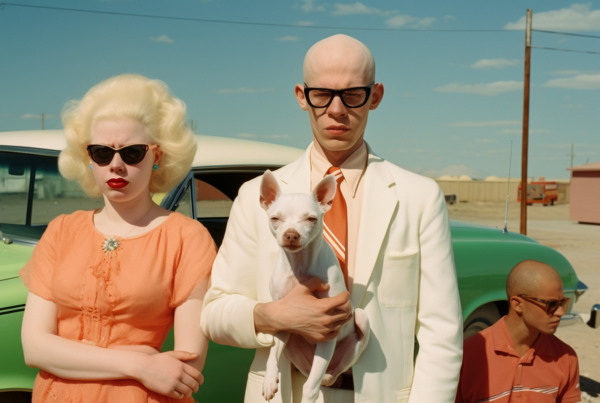 In this image, we see a man and a woman standing next to a green car. The man is wearing a white suit and holding a small dog, while the woman is wearing an orange dress. The man has a bald head and is wearing sunglasses. Additionally, there is a dog sitting next to the woman. The man and woman are both looking towards the camera. The background consists of a green car and some trees. The man and woman appear to be posing for a photo, creating a stylish and fashionable scene.