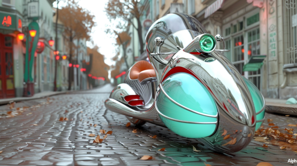 A scooter is parked on a charming cobblestone street in a city setting. The scooter is primarily green and red in color, with a distinctive red seat and a blue seat. The scene also includes lanterns scattered along the street. In the background, a car can be seen parked on the side. The scooter features a chrome handlebar, adding to its unique appearance. The overall atmosphere suggests a peaceful urban environment with a touch of vintage charm. The image captures a moment of quiet simplicity in the bustling cityscape.