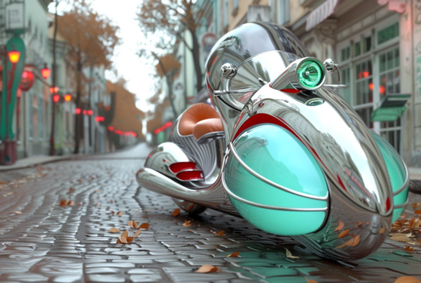 A scooter is parked on a charming cobblestone street in a city setting. The scooter is primarily green and red in color, with a distinctive red seat and a blue seat. The scene also includes lanterns scattered along the street. In the background, a car can be seen parked on the side. The scooter features a chrome handlebar, adding to its unique appearance. The overall atmosphere suggests a peaceful urban environment with a touch of vintage charm. The image captures a moment of quiet simplicity in the bustling cityscape.