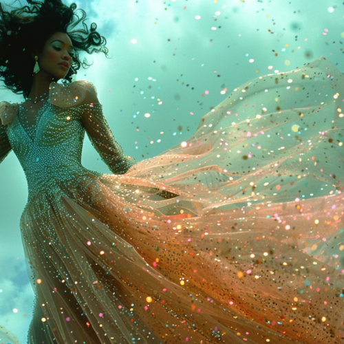 In this image, a woman is seen gracefully flying through the air, wearing a long, flowing dress. The dress is billowing around her as she soars, creating a beautiful and ethereal scene. The woman appears to be in a state of weightlessness, adding to the dreamlike quality of the image. The colors in the image are primarily shades of green, blue, and white, giving a sense of calm and tranquility. The overall composition is serene and captivating, capturing a moment of beauty and freedom.