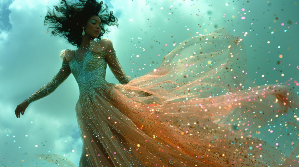 In this image, a woman is seen gracefully flying through the air, wearing a long, flowing dress. The dress is billowing around her as she soars, creating a beautiful and ethereal scene. The woman appears to be in a state of weightlessness, adding to the dreamlike quality of the image. The colors in the image are primarily shades of green, blue, and white, giving a sense of calm and tranquility. The overall composition is serene and captivating, capturing a moment of beauty and freedom.