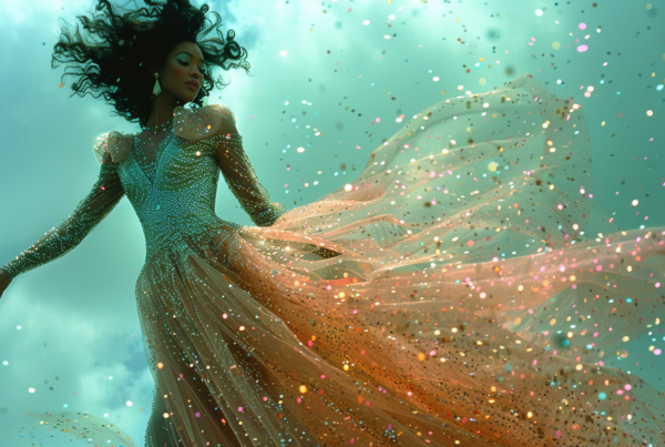 In this image, a woman is seen gracefully flying through the air, wearing a long, flowing dress. The dress is billowing around her as she soars, creating a beautiful and ethereal scene. The woman appears to be in a state of weightlessness, adding to the dreamlike quality of the image. The colors in the image are primarily shades of green, blue, and white, giving a sense of calm and tranquility. The overall composition is serene and captivating, capturing a moment of beauty and freedom.