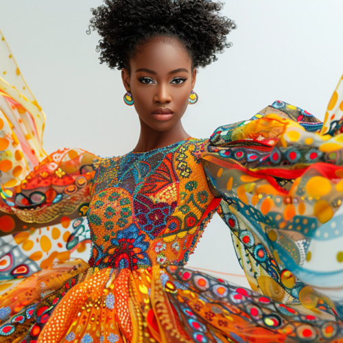 A young woman is standing confidently in the center of the image. She is wearing a stunning and vibrant colorful dress that flows gracefully around her. The dress is adorned with intricate patterns and designs, making it truly unique. She also has a matching scarf draped elegantly around her neck. The woman has a bright smile on her face, exuding joy and confidence. The background is blurred, highlighting her colorful attire. The woman''s age is estimated to be around 15 years old. Overall, she looks fashionable and stylish in her colorful ensemble