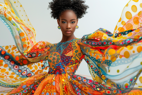 A young woman is standing confidently in the center of the image. She is wearing a stunning and vibrant colorful dress that flows gracefully around her. The dress is adorned with intricate patterns and designs, making it truly unique. She also has a matching scarf draped elegantly around her neck. The woman has a bright smile on her face, exuding joy and confidence. The background is blurred, highlighting her colorful attire. The woman''s age is estimated to be around 15 years old. Overall, she looks fashionable and stylish in her colorful ensemble