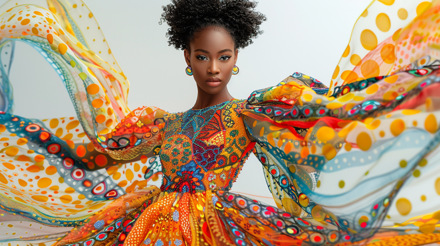 A young woman is standing confidently in the center of the image. She is wearing a stunning and vibrant colorful dress that flows gracefully around her. The dress is adorned with intricate patterns and designs, making it truly unique. She also has a matching scarf draped elegantly around her neck. The woman has a bright smile on her face, exuding joy and confidence. The background is blurred, highlighting her colorful attire. The woman''s age is estimated to be around 15 years old. Overall, she looks fashionable and stylish in her colorful ensemble