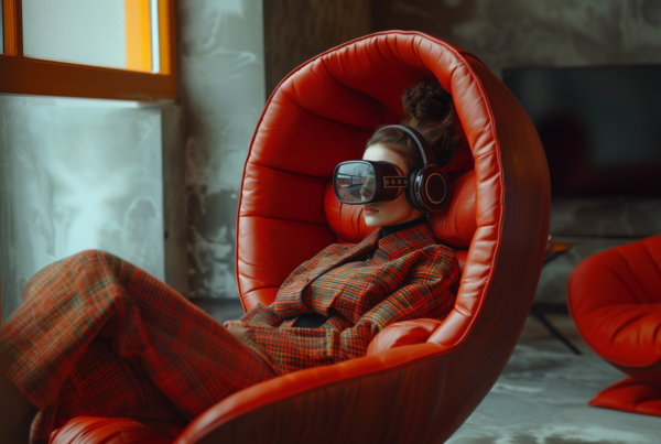 In this image, we see a woman sitting in a red chair wearing headphones and a pair of glasses. The woman appears to be relaxed, with her hands resting on the armrests of the chair. The headphones cover her ears, indicating that she may be listening to music or audio. The glasses she is wearing have a rectangular frame and sit comfortably on her face. The background is simple and neutral, allowing the focus to be on the woman and her accessories. The overall vibe of the image is calm and leisurely, suggesting a moment of relaxation or enjoyment.