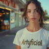 A woman with a white t-shirt and brown hair is standing on a street corner in front of a store. She has a necklace around her neck. The woman appears to be in her late twenties and is facing the camera. The t-shirt she is wearing has the word "Artificial" written on it. The background consists of a store with various items on display. The woman''s facial features are visible, and she has a neutral expression. The overall color scheme of the scene includes shades of brown, white, and gray.