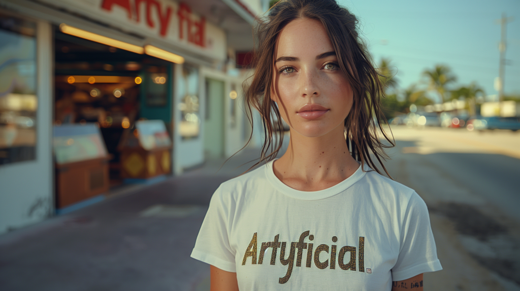 A woman with a white t-shirt and brown hair is standing on a street corner in front of a store. She has a necklace around her neck. The woman appears to be in her late twenties and is facing the camera. The t-shirt she is wearing has the word "Artificial" written on it. The background consists of a store with various items on display. The woman''s facial features are visible, and she has a neutral expression. The overall color scheme of the scene includes shades of brown, white, and gray.