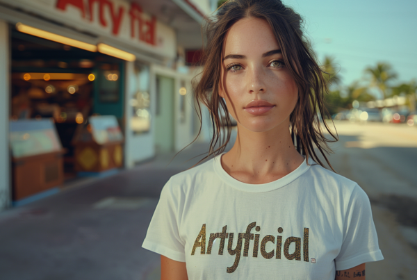 A woman with a white t-shirt and brown hair is standing on a street corner in front of a store. She has a necklace around her neck. The woman appears to be in her late twenties and is facing the camera. The t-shirt she is wearing has the word "Artificial" written on it. The background consists of a store with various items on display. The woman''s facial features are visible, and she has a neutral expression. The overall color scheme of the scene includes shades of brown, white, and gray.