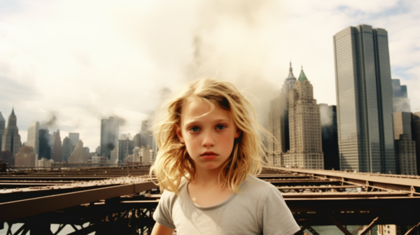 A young girl with blonde hair is standing on a bridge with a city skyline in the background. She is wearing a black shirt and appears to be around 9 years old. The cityscape includes skyscrapers and buildings, creating a bustling urban backdrop. The girl is positioned towards the center of the image, with her back facing the viewer. Her hair is styled in a natural and flowing manner. The scene exudes a sense of urban exploration and youthful curiosity as the girl gazes out at the cityscape in front of her.