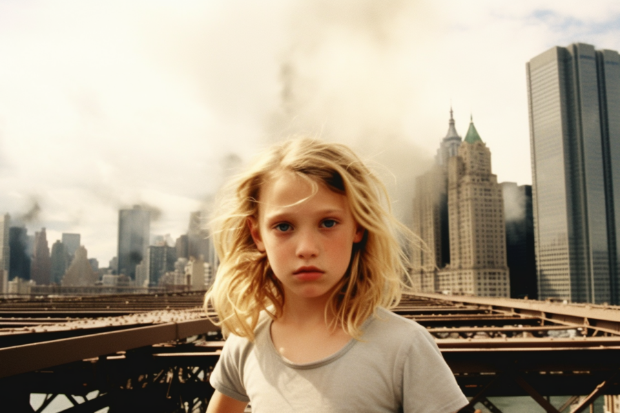 A young girl with blonde hair is standing on a bridge with a city skyline in the background. She is wearing a black shirt and appears to be around 9 years old. The cityscape includes skyscrapers and buildings, creating a bustling urban backdrop. The girl is positioned towards the center of the image, with her back facing the viewer. Her hair is styled in a natural and flowing manner. The scene exudes a sense of urban exploration and youthful curiosity as the girl gazes out at the cityscape in front of her.