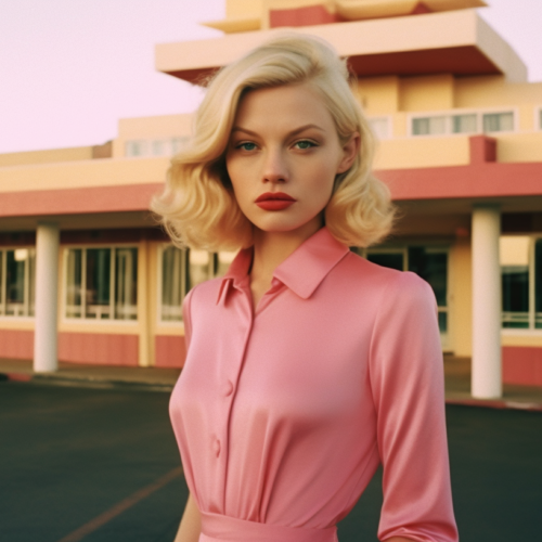 A woman with blonde hair is standing in front of a building, wearing a beautiful pink dress. She appears to be posing for a picture, with one hand resting on her hip. The building behind her has a classic architectural style, with intricate details and large windows. The woman exudes elegance and confidence, her red lipstick complementing the pink dress. The image is dominated by warm tones, with shades of brown, pink, and cream. The woman''s face is youthful and serene, with a hint of a smile.