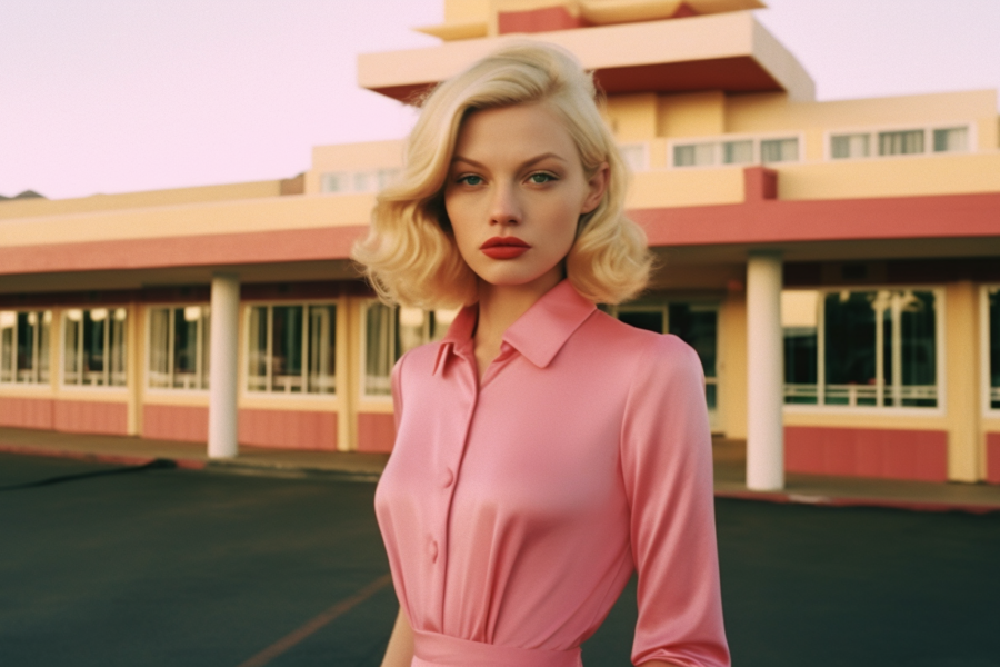 A woman with blonde hair is standing in front of a building, wearing a beautiful pink dress. She appears to be posing for a picture, with one hand resting on her hip. The building behind her has a classic architectural style, with intricate details and large windows. The woman exudes elegance and confidence, her red lipstick complementing the pink dress. The image is dominated by warm tones, with shades of brown, pink, and cream. The woman''s face is youthful and serene, with a hint of a smile.