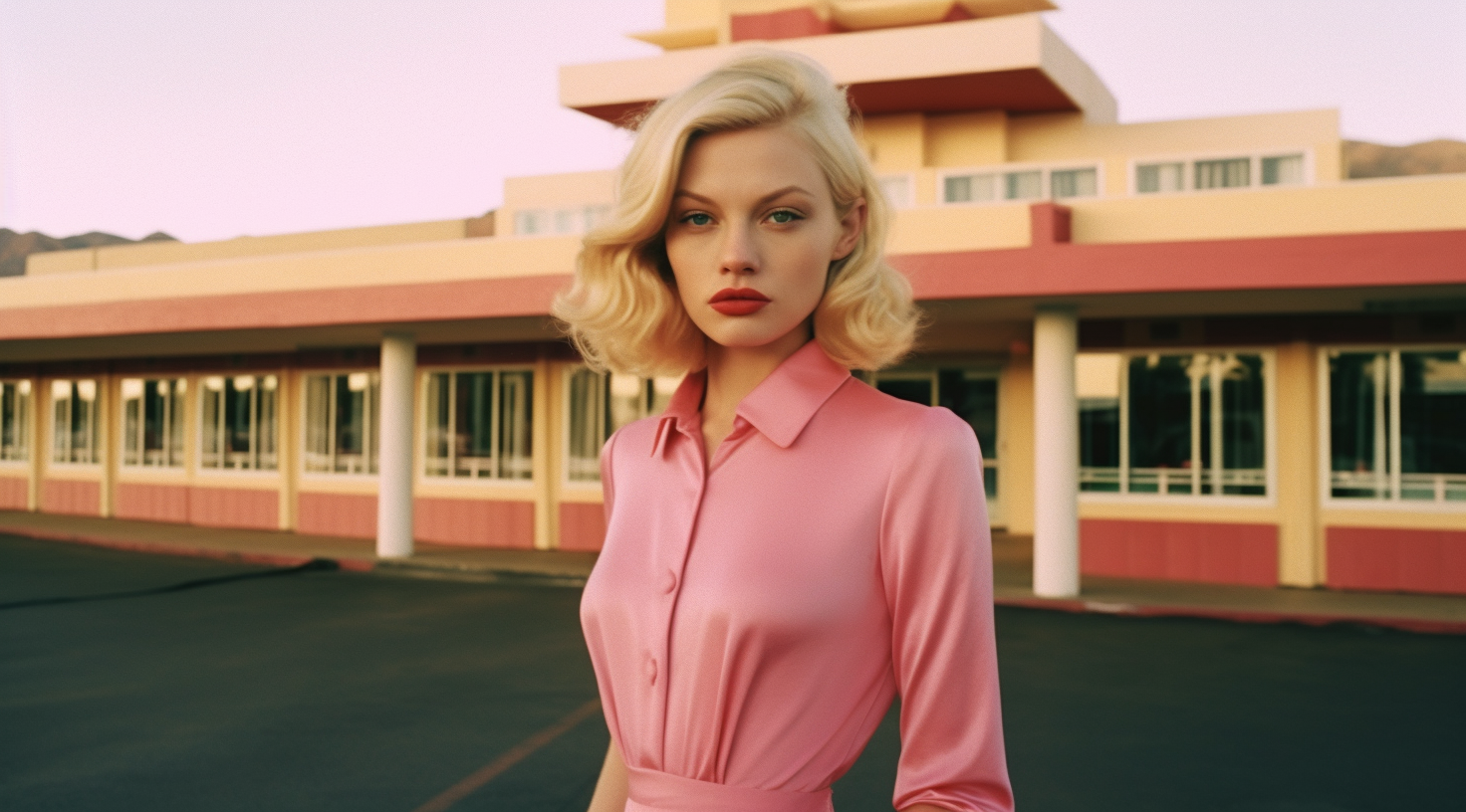 A woman with blonde hair is standing in front of a building, wearing a beautiful pink dress. She appears to be posing for a picture, with one hand resting on her hip. The building behind her has a classic architectural style, with intricate details and large windows. The woman exudes elegance and confidence, her red lipstick complementing the pink dress. The image is dominated by warm tones, with shades of brown, pink, and cream. The woman''s face is youthful and serene, with a hint of a smile.