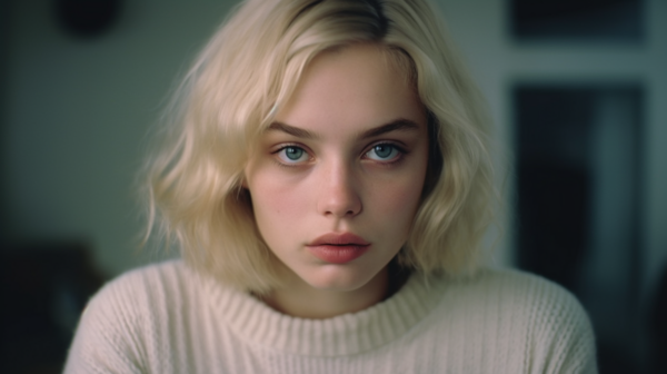 A young woman with long blonde hair and striking blue eyes is captured in a close-up photo. She is wearing a cozy white sweater, her face framed beautifully by her hair. Her eyes gaze directly at the camera, exuding confidence and warmth. The woman''s features are soft and delicate, with a gentle smile playing on her lips. The image is high quality, showing clear details of her face and eyes. The overall aesthetic is serene and inviting, inviting viewers to admire the natural beauty of the woman in the photo