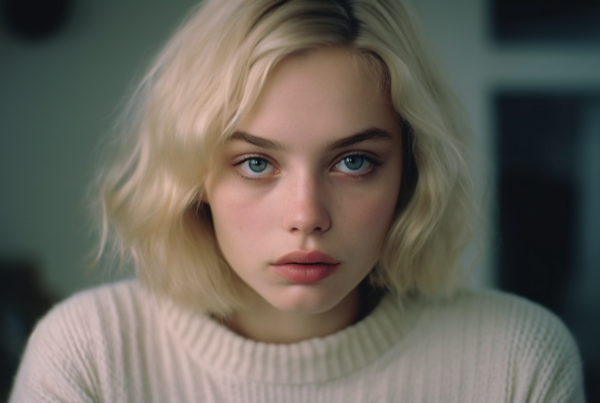 A young woman with long blonde hair and striking blue eyes is captured in a close-up photo. She is wearing a cozy white sweater, her face framed beautifully by her hair. Her eyes gaze directly at the camera, exuding confidence and warmth. The woman''s features are soft and delicate, with a gentle smile playing on her lips. The image is high quality, showing clear details of her face and eyes. The overall aesthetic is serene and inviting, inviting viewers to admire the natural beauty of the woman in the photo