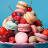 A delightful image featuring a pile of delicious macarons and fresh berries arranged on a plate. The macarons come in a variety of vibrant colors like pink, blue, and white, creating a visually appealing display. The plate is set against a blue background, enhancing the colorful assortment of treats. The macarons appear to be sweet and crispy, while the berries add a touch of freshness and tartness. This image is perfect for food lovers and dessert enthusiasts, showcasing a tower of macarons and berries that are sure to tempt the taste buds.