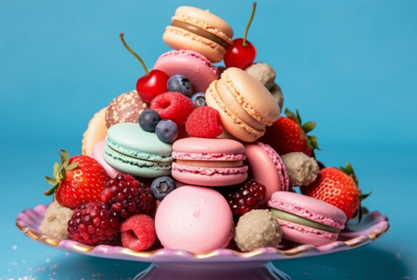 A delightful image featuring a pile of delicious macarons and fresh berries arranged on a plate. The macarons come in a variety of vibrant colors like pink, blue, and white, creating a visually appealing display. The plate is set against a blue background, enhancing the colorful assortment of treats. The macarons appear to be sweet and crispy, while the berries add a touch of freshness and tartness. This image is perfect for food lovers and dessert enthusiasts, showcasing a tower of macarons and berries that are sure to tempt the taste buds.