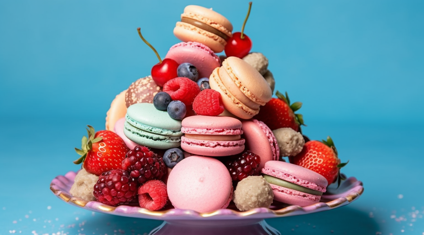 A delightful image featuring a pile of delicious macarons and fresh berries arranged on a plate. The macarons come in a variety of vibrant colors like pink, blue, and white, creating a visually appealing display. The plate is set against a blue background, enhancing the colorful assortment of treats. The macarons appear to be sweet and crispy, while the berries add a touch of freshness and tartness. This image is perfect for food lovers and dessert enthusiasts, showcasing a tower of macarons and berries that are sure to tempt the taste buds.