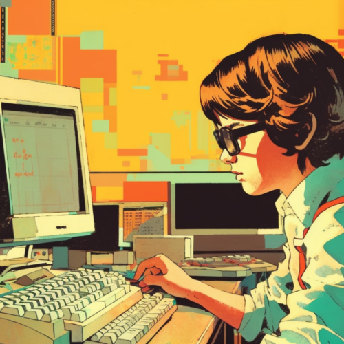 A woman is sitting at a desk in a living room, working on a computer. She is wearing glasses and appears focused on the screen. The computer monitor in front of her displays a map of a city. There are two keyboards on the desk, one in front of her and another to the side. The room is well-lit, with a television in the background. The desk is cluttered with various items, including a keyboard, a mouse, and a pair of glasses. The color scheme of the room includes shades of yellow, green, and orange.