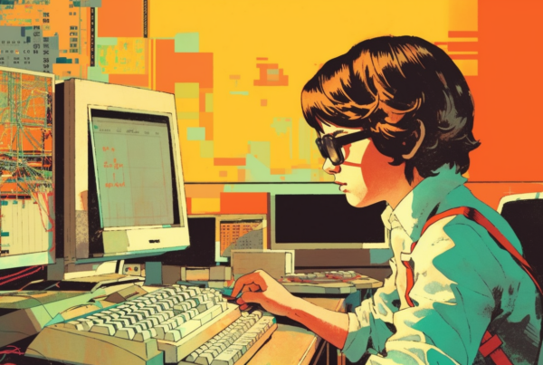 A woman is sitting at a desk in a living room, working on a computer. She is wearing glasses and appears focused on the screen. The computer monitor in front of her displays a map of a city. There are two keyboards on the desk, one in front of her and another to the side. The room is well-lit, with a television in the background. The desk is cluttered with various items, including a keyboard, a mouse, and a pair of glasses. The color scheme of the room includes shades of yellow, green, and orange.