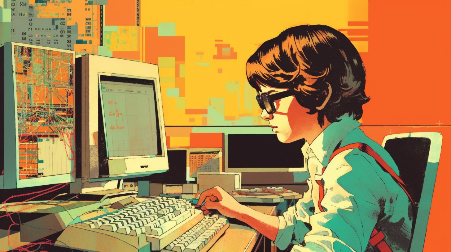 A woman is sitting at a desk in a living room, working on a computer. She is wearing glasses and appears focused on the screen. The computer monitor in front of her displays a map of a city. There are two keyboards on the desk, one in front of her and another to the side. The room is well-lit, with a television in the background. The desk is cluttered with various items, including a keyboard, a mouse, and a pair of glasses. The color scheme of the room includes shades of yellow, green, and orange.