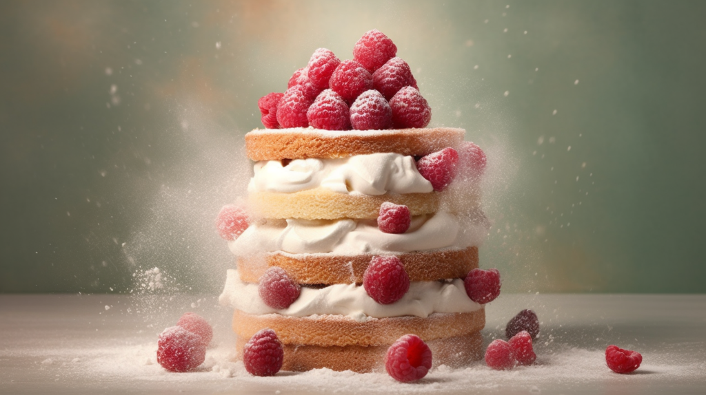 A delicious cake topped with fresh raspberries and fluffy whipped cream is displayed in this image. The cake is a beautiful shade of brown, with a moist texture that suggests it is freshly baked. The raspberries are bright red and juicy, adding a pop of color to the dessert. The whipped cream is light and airy, creating a contrast in both texture and flavor. The cake is set on a white plate, creating a clean and elegant presentation. This dessert looks perfect for a special occasion or a cozy treat at home.