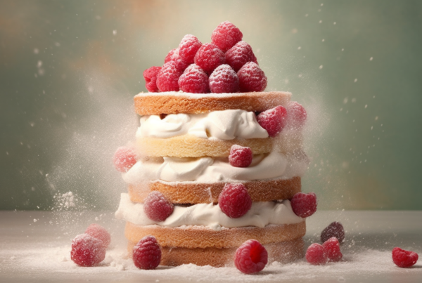 A delicious cake topped with fresh raspberries and fluffy whipped cream is displayed in this image. The cake is a beautiful shade of brown, with a moist texture that suggests it is freshly baked. The raspberries are bright red and juicy, adding a pop of color to the dessert. The whipped cream is light and airy, creating a contrast in both texture and flavor. The cake is set on a white plate, creating a clean and elegant presentation. This dessert looks perfect for a special occasion or a cozy treat at home.
