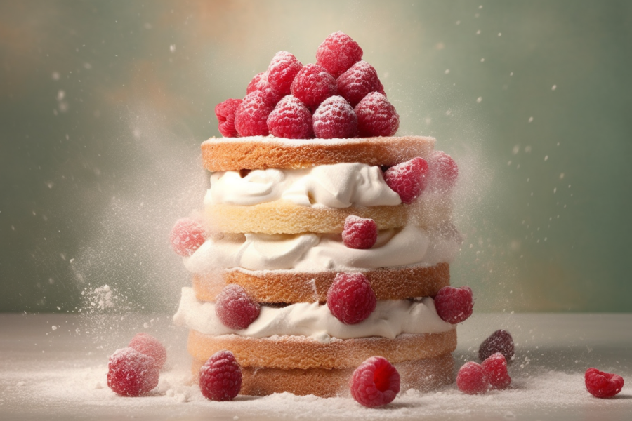 A delicious cake topped with fresh raspberries and fluffy whipped cream is displayed in this image. The cake is a beautiful shade of brown, with a moist texture that suggests it is freshly baked. The raspberries are bright red and juicy, adding a pop of color to the dessert. The whipped cream is light and airy, creating a contrast in both texture and flavor. The cake is set on a white plate, creating a clean and elegant presentation. This dessert looks perfect for a special occasion or a cozy treat at home.