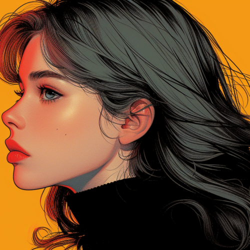 A woman with long, flowing hair is depicted in the image. She is wearing a black turtle neck top. The woman''s face is visible and she appears to be posing for a portrait. The background is neutral, allowing the focus to remain on the woman. The image is high resolution, showing intricate details such as the texture of the woman''s hair and the fabric of her top. The woman exudes a sense of elegance and confidence. The color palette of the image consists of dark tones, with hints of gold adding a touch of warmth.