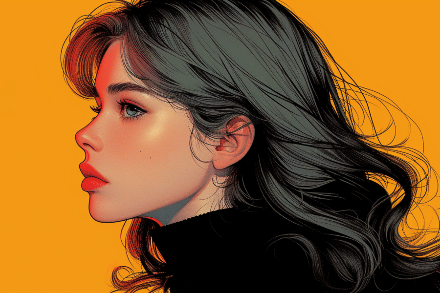 A woman with long, flowing hair is depicted in the image. She is wearing a black turtle neck top. The woman''s face is visible and she appears to be posing for a portrait. The background is neutral, allowing the focus to remain on the woman. The image is high resolution, showing intricate details such as the texture of the woman''s hair and the fabric of her top. The woman exudes a sense of elegance and confidence. The color palette of the image consists of dark tones, with hints of gold adding a touch of warmth.