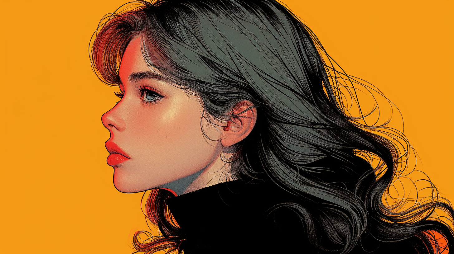 A woman with long, flowing hair is depicted in the image. She is wearing a black turtle neck top. The woman''s face is visible and she appears to be posing for a portrait. The background is neutral, allowing the focus to remain on the woman. The image is high resolution, showing intricate details such as the texture of the woman''s hair and the fabric of her top. The woman exudes a sense of elegance and confidence. The color palette of the image consists of dark tones, with hints of gold adding a touch of warmth.