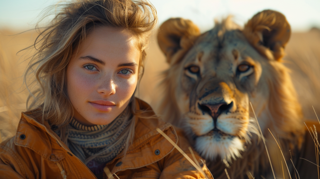 A young woman with long dark hair is standing confidently in a grassy field, wearing a stylish brown jacket. Beside her, a majestic lion is lying down, its fur a beautiful mix of golden and brown tones. The woman is looking towards the camera with a calm expression, while the lion gazes off into the distance. The setting appears to be a natural habitat or a wildlife park, adding a sense of adventure and wonder to the scene. The contrast between the woman''s modern attire and the lion''s wild presence creates a striking visual juxtaposition.